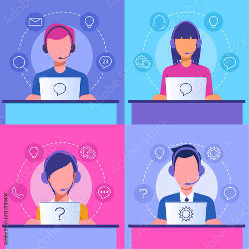 Customer support call center vector illustration, helpline service, technical assistance, online customer care, call center operators, business communication, professional helpline team