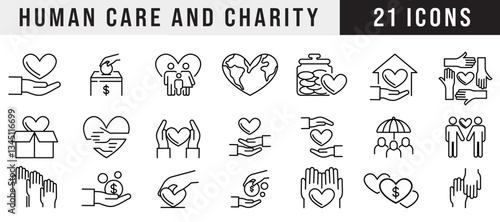 Set of human care and charity icons in a modern, minimalist outline style. Includes donation, love, support, fundraising, and social responsibility symbols for nonprofit projects.