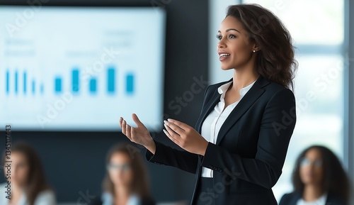 A confident businesswoman delivers a presentation, engaging her audience with insightful information and statistics displayed on a screen in a modern office setting.