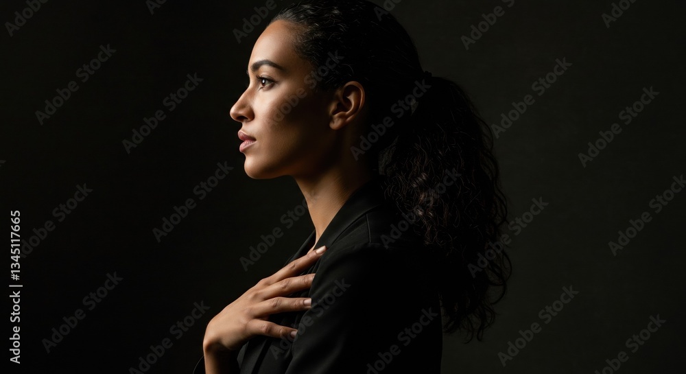 Elegant Portrait of a Thoughtful Person in Profile Pose on Dark Background, Perfect for Reflective and Professional Use Elegant Portrait of a Thoughtful Person in Profile Pose on Dark Background, Perfect for Reflective and Professional Use