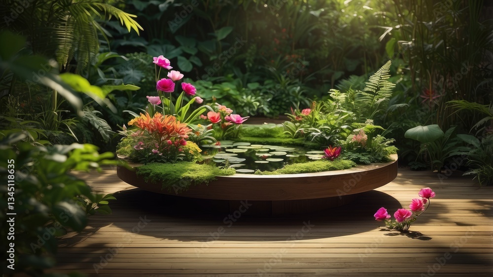 Fototapeta premium A green minimalist stage setting featuring a cylindrical platform surrounded by various lush green plants and trees