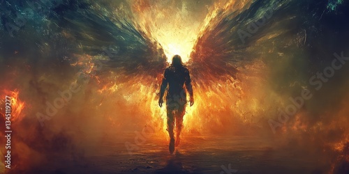A figure with fiery wings walks towards an ethereal bright light