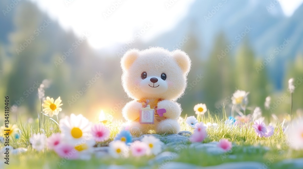 Fototapeta premium Adorable teddy bear in a meadow. A heartwarming image of a cheerful teddy bear, seated amidst a vibrant meadow filled with wildflowers. 