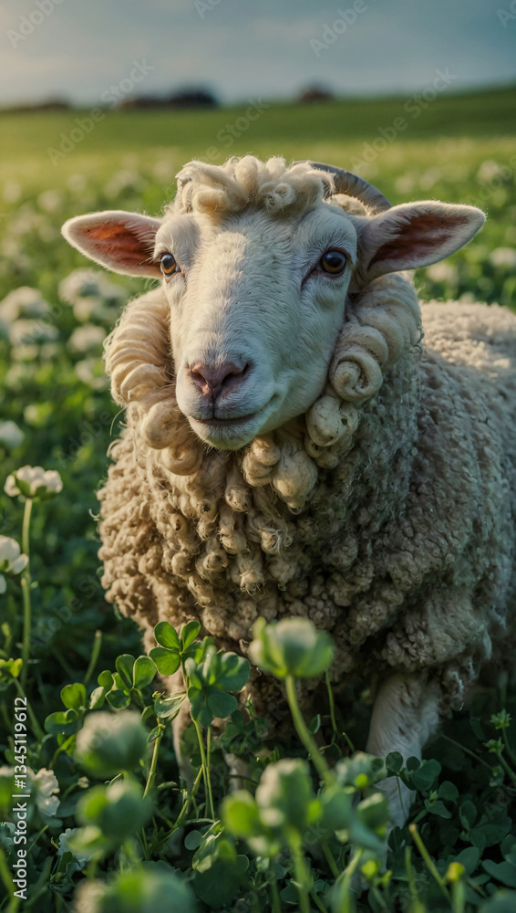Cartoon sheep standing in a field of clovers Cartoon sheep standing in a field of clovers