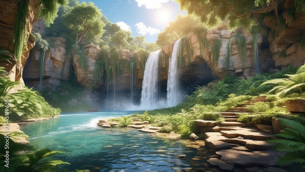 A serene waterfall cascades over a rocky ledge into a tranquil pool,