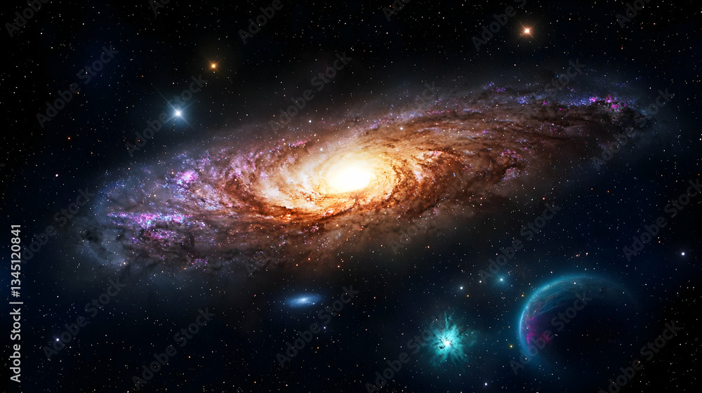 Naklejka premium Spiral Galaxy Surrounded By Stars And Nebulae In Dark Space With Colorful Celestial Bodies