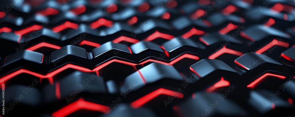 Fototapeta premium Close-up view of a modern textured surface with intricate patterns and glowing red lights. This image showcases the blend of technology and design in a captivating manner.