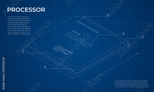 Isometric processor blueprint. Central processing unit or CPU. Computer hardware components. Semiconductor technology concept. Vector illustration