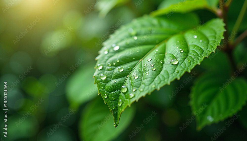 Green leaf with water droplets against blurred background, Raindrops on leaves, Spring rain Green leaf with water droplets against blurred background, Raindrops on leaves, Spring rain