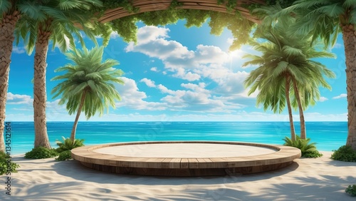 Fototapeta Naklejka Na Ścianę i Meble -  a beach scene with palm trees and the sun shining through the clouds above the ocean