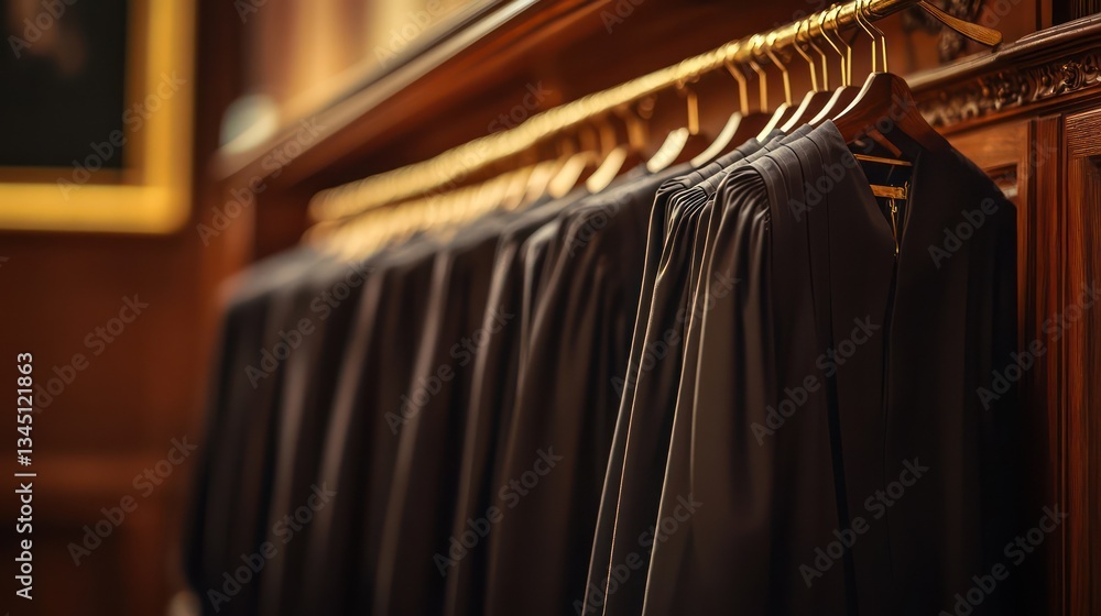 Obraz premium A row of judgeâ€™s robes hanging neatly in a courtroom, soft focus and elegant lighting