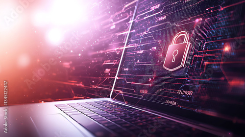 modern laptop displaying digital padlock on screen, symbolizing cybersecurity and data protection. vibrant background enhances theme of technology and security