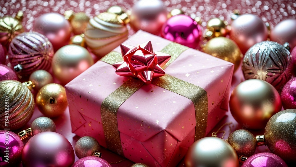 Festive gift box surrounded by pink and gold ornaments Festive gift box surrounded by pink and gold ornaments