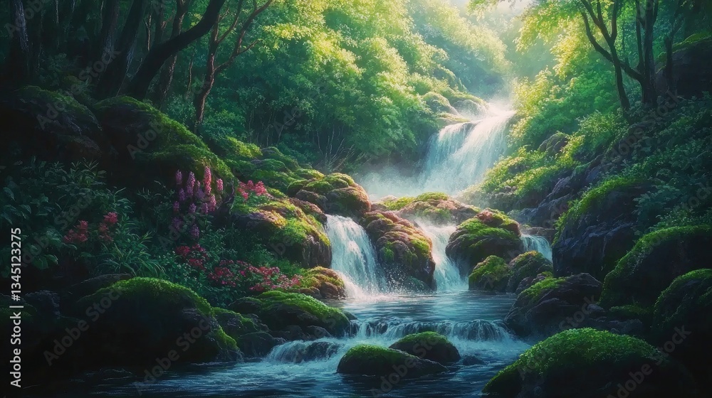 Fototapeta premium Serene Waterfall Cascading Through Lush Green Forest Surrounded by Vibrant Flora and Sunlit Misty Atmosphere