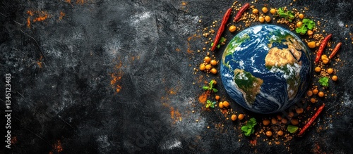 Fototapeta Naklejka Na Ścianę i Meble -  The Earth is surrounded by spices and other food items