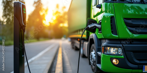 Large green commercial electric lorry being charged at charging station during sunset, showcasing sustainable transportation and eco friendly technology