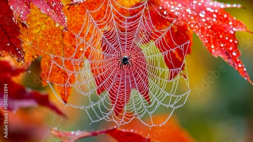 Spider web adorned with dew drops among vibrant autumn leaves in a lush natural setting during morning hours
