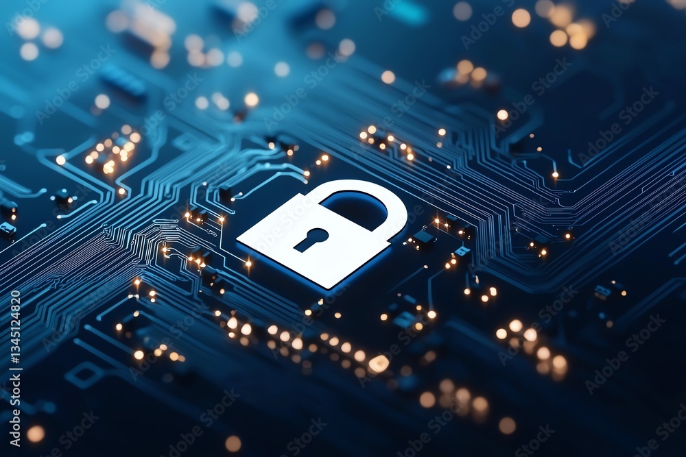 This image features a modern digital lock icon on a circuit board backdrop. It represents online security and data protection in the technology sector.