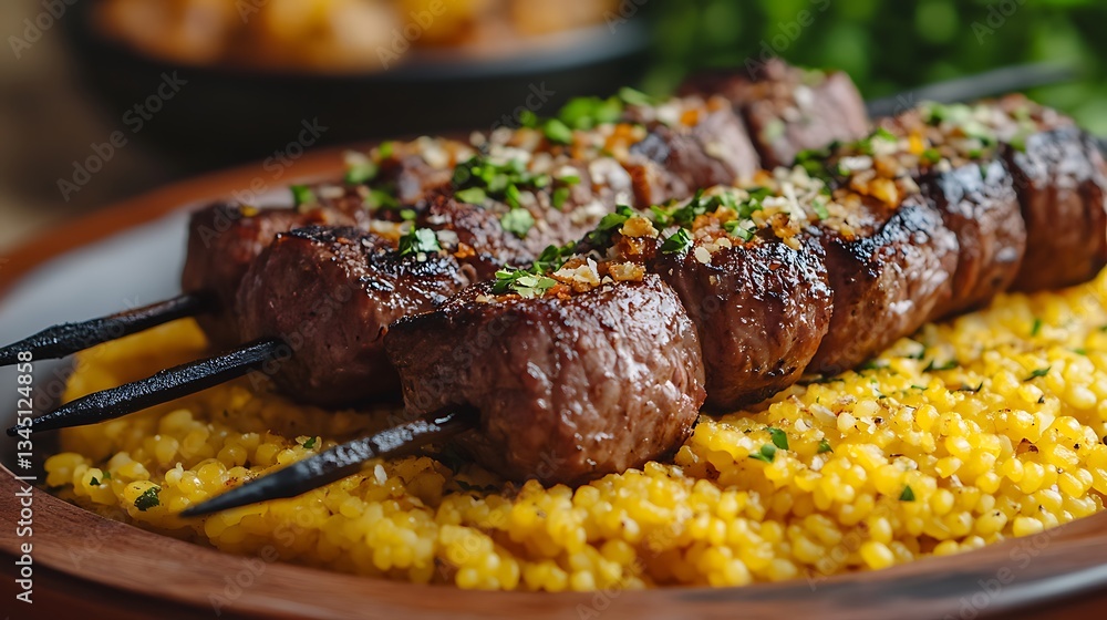 Beef fillet mignon skewer with farofa in close upplate under wooden table Beef fillet mignon skewer with farofa in close upplate under wooden table