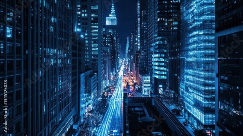 Night view of a busy city street, illuminated by neon lights, skyscrapers. Possible use stock photo