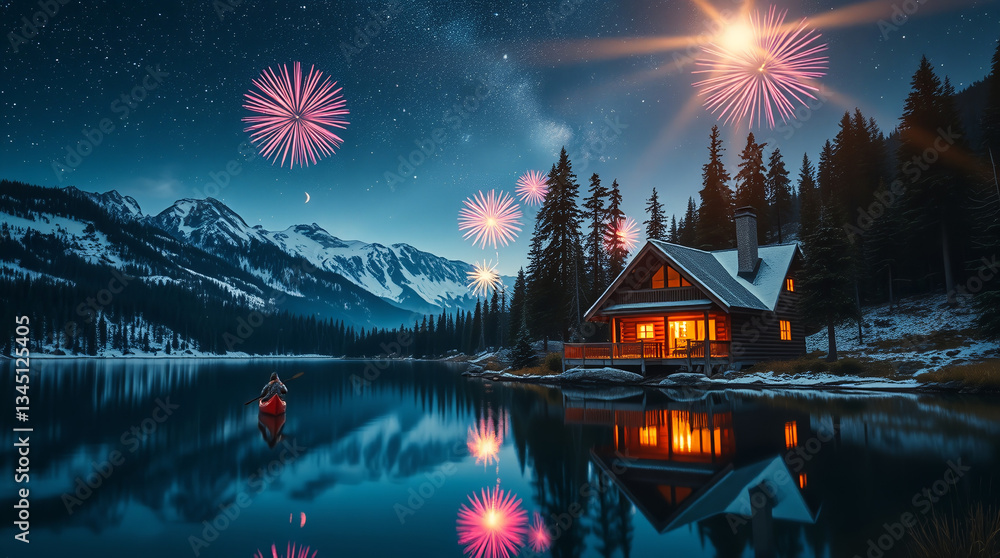 Fototapeta premium house and night view with lake and mountains