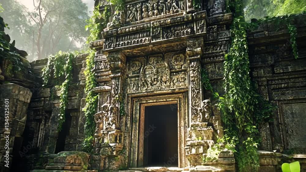 Mysterious ancient temple ruins covered in lush vegetation, lost in a tropical forest Mysterious ancient temple ruins covered in lush vegetation, lost in a tropical forest