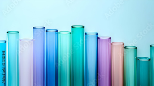 Colorful glass test tubes arranged in a row against a blue background with vibrant hues