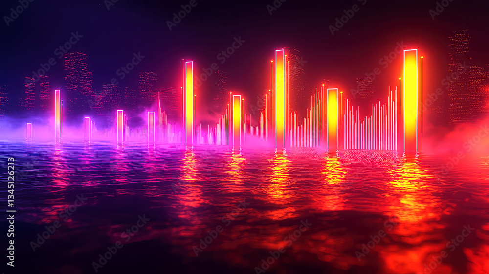 Neon Cityscape Reflection: Vibrant Night Lights on Water Neon Cityscape Reflection: Vibrant Night Lights on Water
