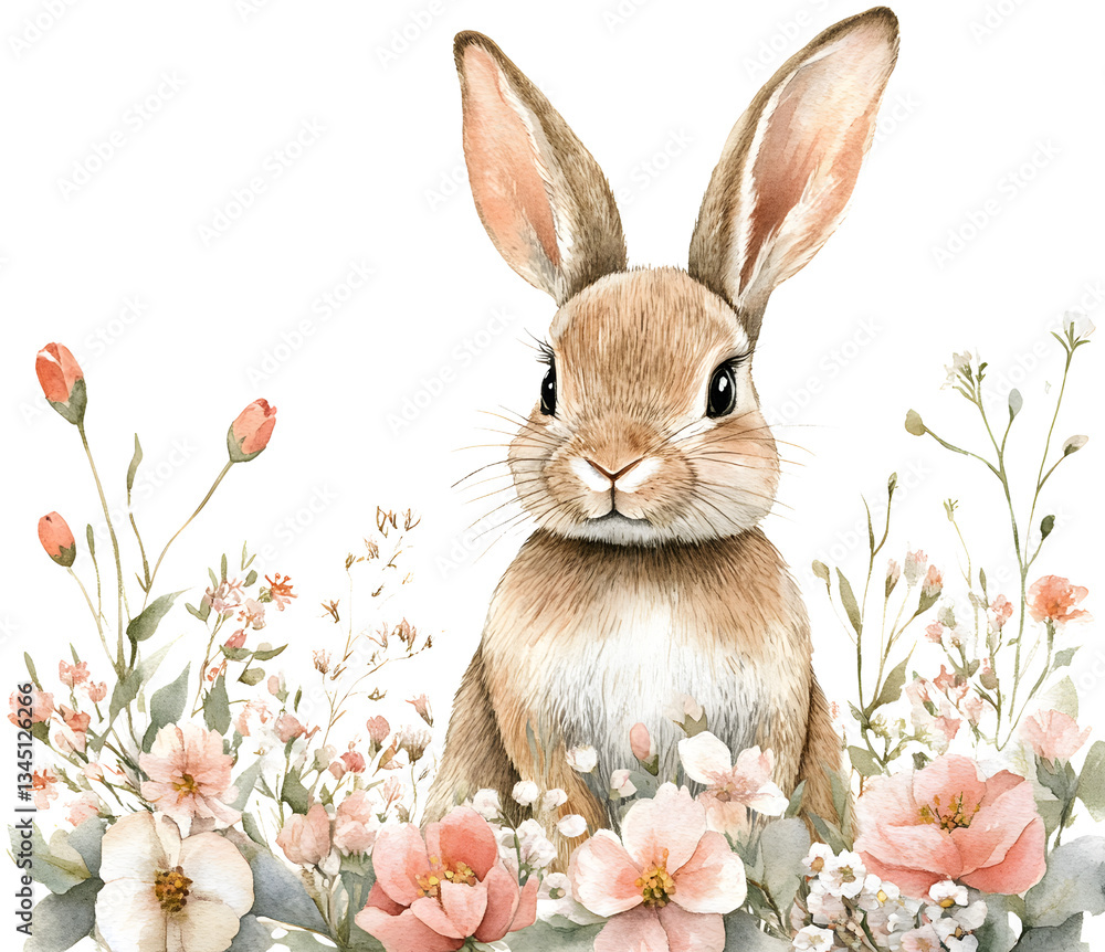 Obraz premium Isolate transparent Rabbit surrounded by colorful flowers, PNG die cut for advertising