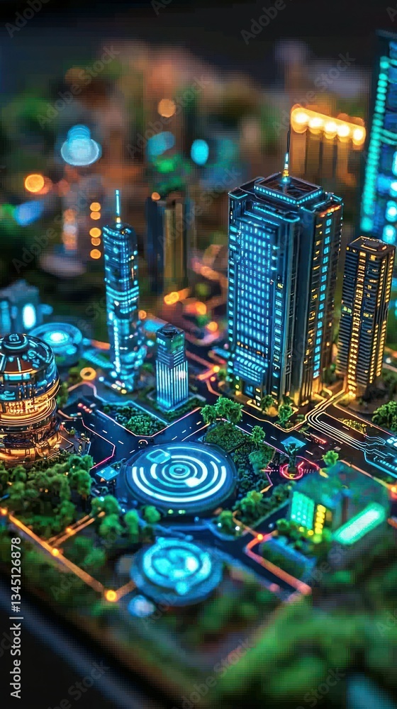 Obraz premium Futuristic city model with illuminated buildings and green spaces