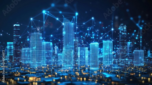Futuristic city network at night, connecting buildings. Stock photo