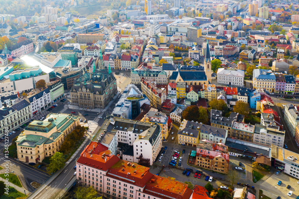 Naklejka premium Aerial cityscape of Liberec city in Czech Republic with buildings and streets