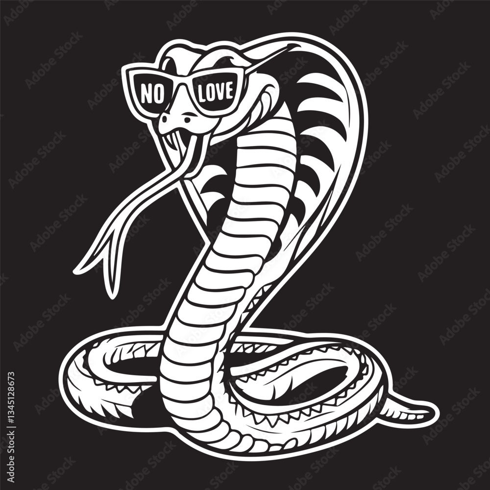 Fototapeta premium vector illustration of a snake.Cobra snake, sunglasses, NO LOVE text, black and white illustration, high contrast, detailed scales, coiled body.