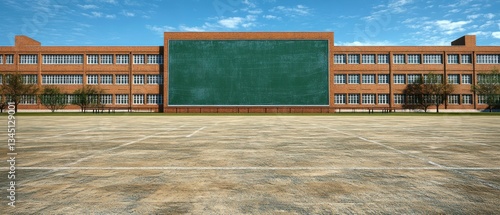 A large brick school building with a chalkboard and yard
