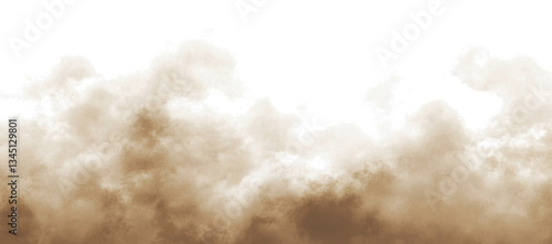 Brown dust sand soil smoke cloud particles isolated on a transparent white background. Sandstorm effect, smog, dust explosion rising, Smoke fog overlay effect. Blurred soil dust. PNG design elements 