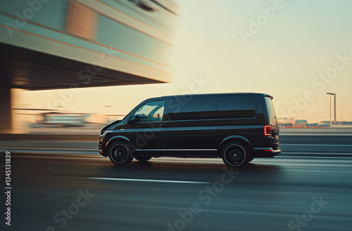 Side back view of black VIP service van running on airport taxiway to terminal building. Limo business class taxi service at airfield. Transfer for security intelligence agency on holiday trip. 