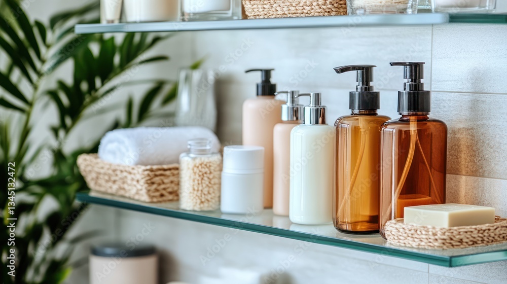 Bathroom shelf holding various items with different cosmetic and personal care products Bathroom shelf holding various items with different cosmetic and personal care products