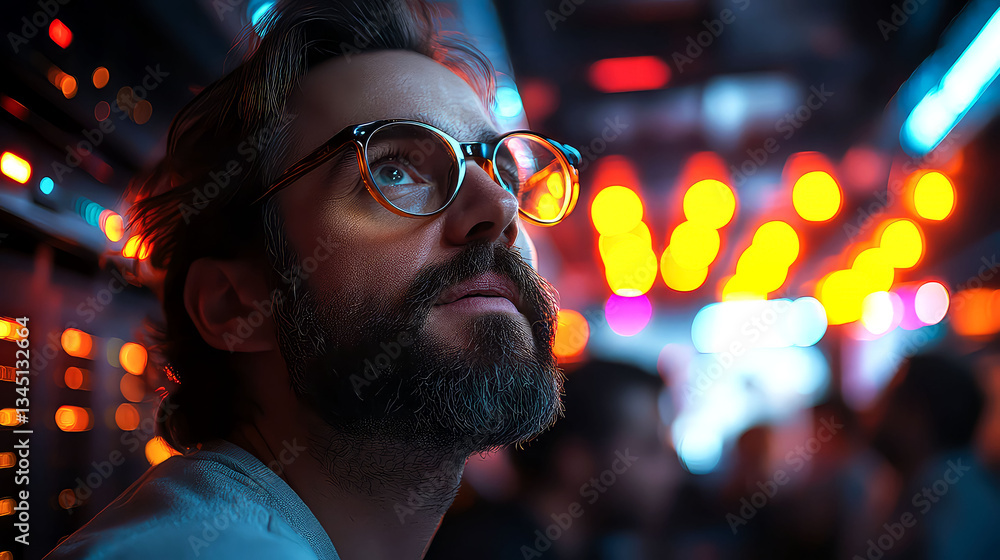 A Man's Contemplative Gaze in a Vibrant City at Night A Man's Contemplative Gaze in a Vibrant City at Night