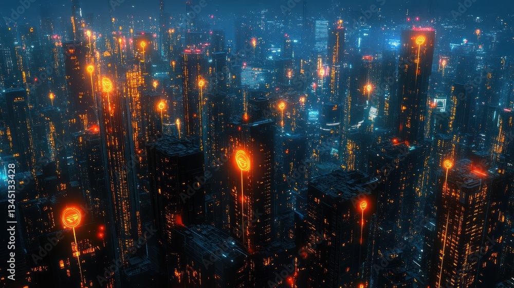 Futuristic Cityscape at Night, Aerial View, Technological Design, Possible Use Stock Photo Futuristic Cityscape at Night, Aerial View, Technological Design, Possible Use Stock Photo