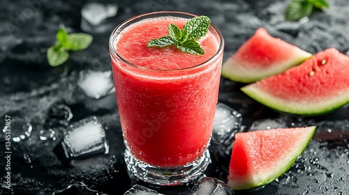 Fresh watermelon smoothie with ice and mint
