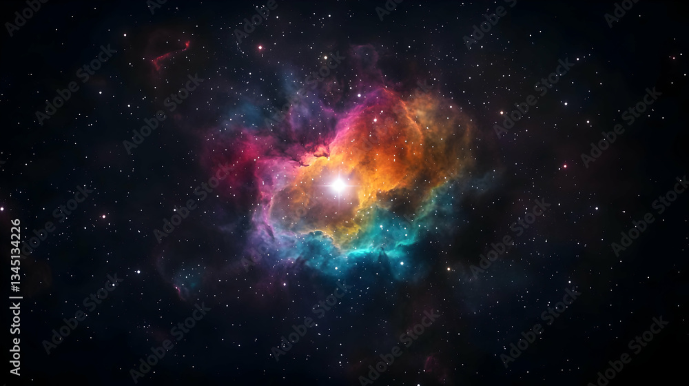 Colorful Nebula Displaying Vibrant Hues Against Dark Starry Background Colorful Nebula Displaying Vibrant Hues Against Dark Starry Background