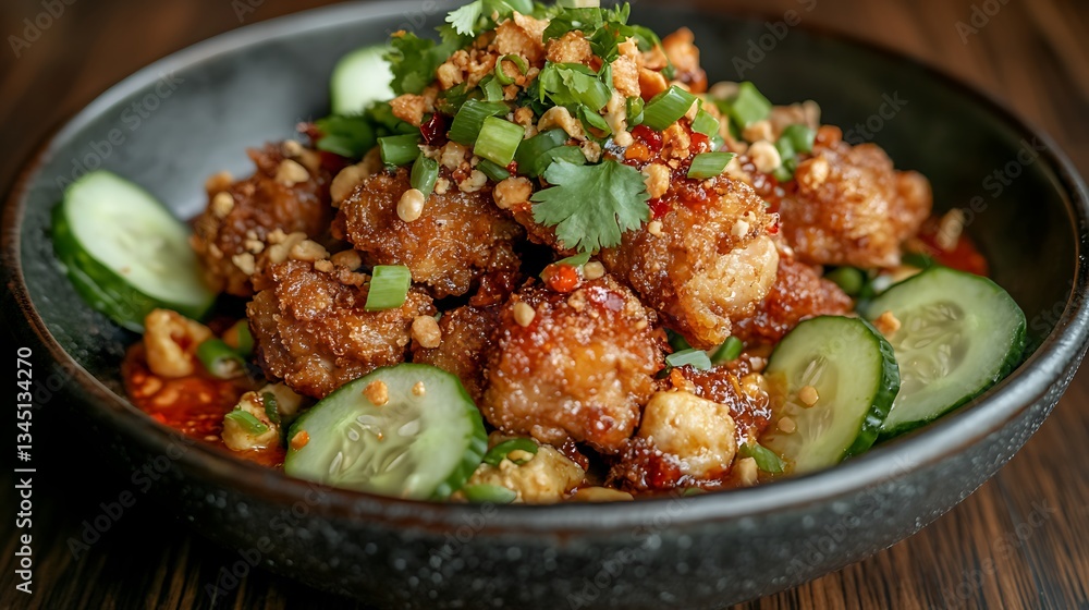 Fried chicken dish consisting of fried chicken that is smashed with the pestle against mortar to make it softer served with spicy sambal slices of cucumbers fried tofu and tempeh Fried chicken dish consisting of fried chicken that is smashed with the pestle against mortar to make it softer served with spicy sambal slices of cucumbers fried tofu and tempeh