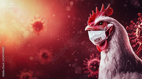 A chicken wearing protective mask labeled H5N1 against red background with virus particles, symbolizing spread of avian influenza