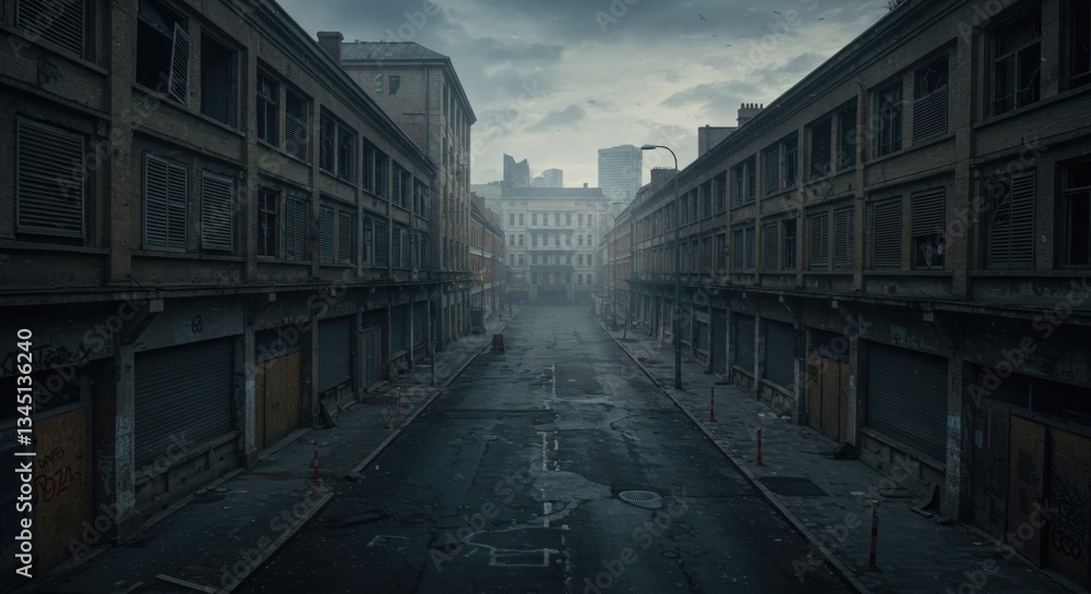Apocalyptic Urban Landscape: Empty Street in Abandoned City during Overcast Weather, Highlighting Decay and Silence Apocalyptic Urban Landscape: Empty Street in Abandoned City during Overcast Weather, Highlighting Decay and Silence