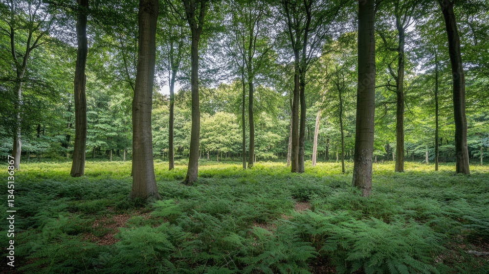 Fototapeta premium Lush Green Forest with Tall Trees and Ferns in Natural Light during a Clear Day in Vibrant Nature Environment