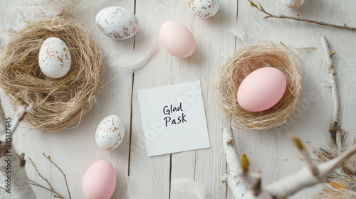 Minimalist flat lay of swedish easter symbols with eggs and nest on wooden background