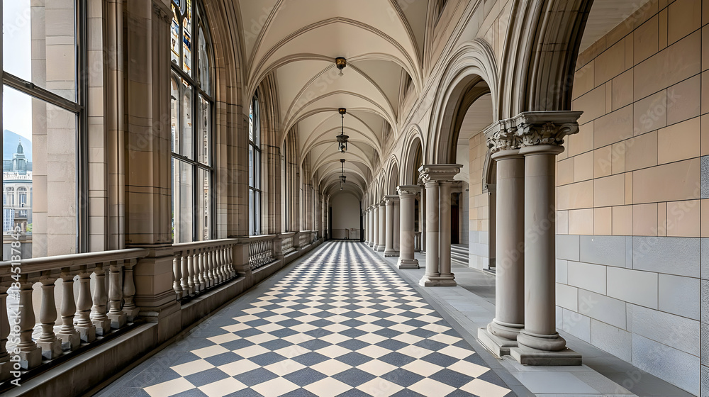 Elegant Hallway With Geometric Tiled Floor Columns Arches Windows and Detailed Architecture in Daylight Elegant Hallway With Geometric Tiled Floor Columns Arches Windows and Detailed Architecture in Daylight