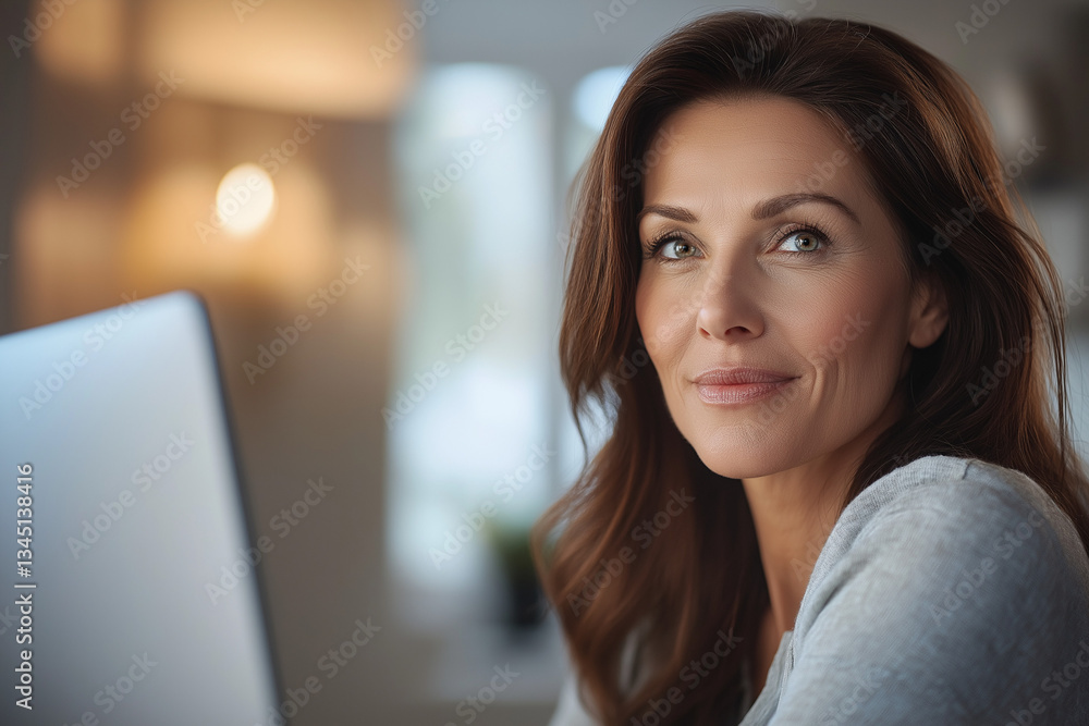 Beautiful middle age brown hair woman focus on wellness and exercise looking out from a computer screen Beautiful middle age brown hair woman focus on wellness and exercise looking out from a computer screen