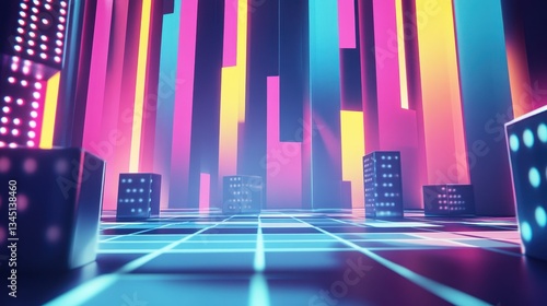 A futuristic landscape with glowing pillars and pixelated buildings
