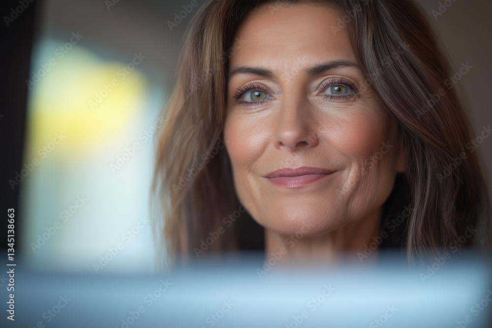Beautiful middle age brown hair woman focus on wellness and exercise looking out from a computer screen Beautiful middle age brown hair woman focus on wellness and exercise looking out from a computer screen